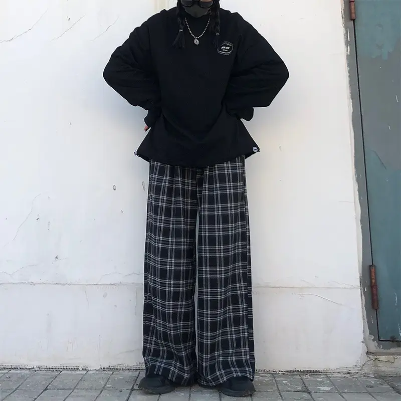 Women Plaid Wide Leg Pants Korean Style Loose Fit — feature 2