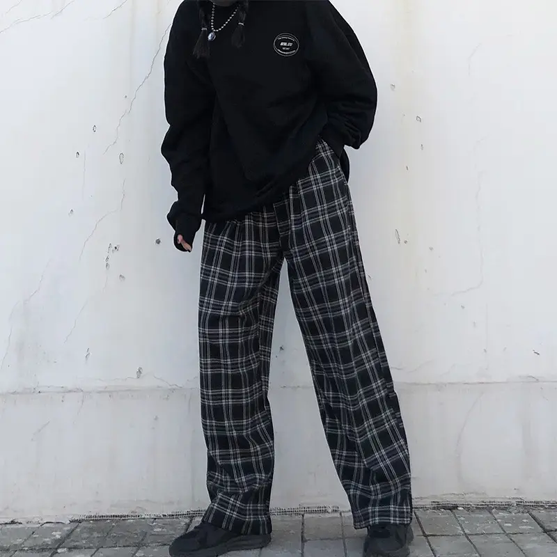 Women Plaid Wide Leg Pants Korean Style Loose Fit — feature 4