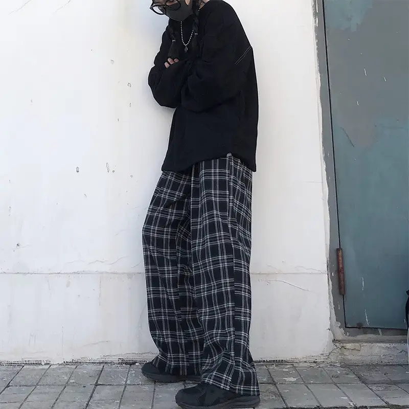 Women Plaid Wide Leg Pants Korean Style Loose Fit — feature 7