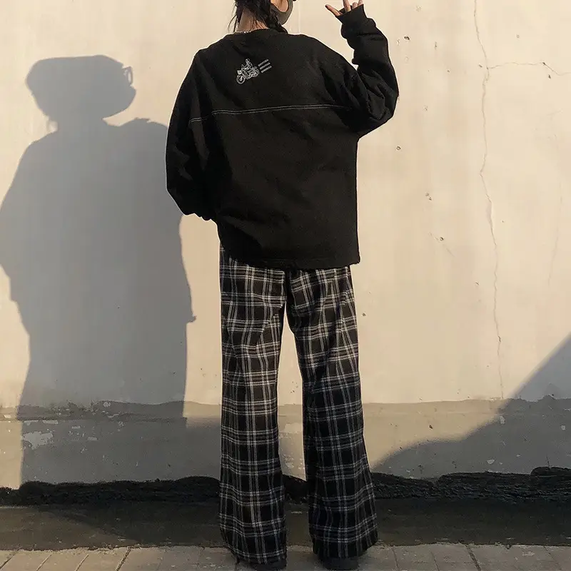 Women Plaid Wide Leg Pants Korean Style Loose Fit — feature 8