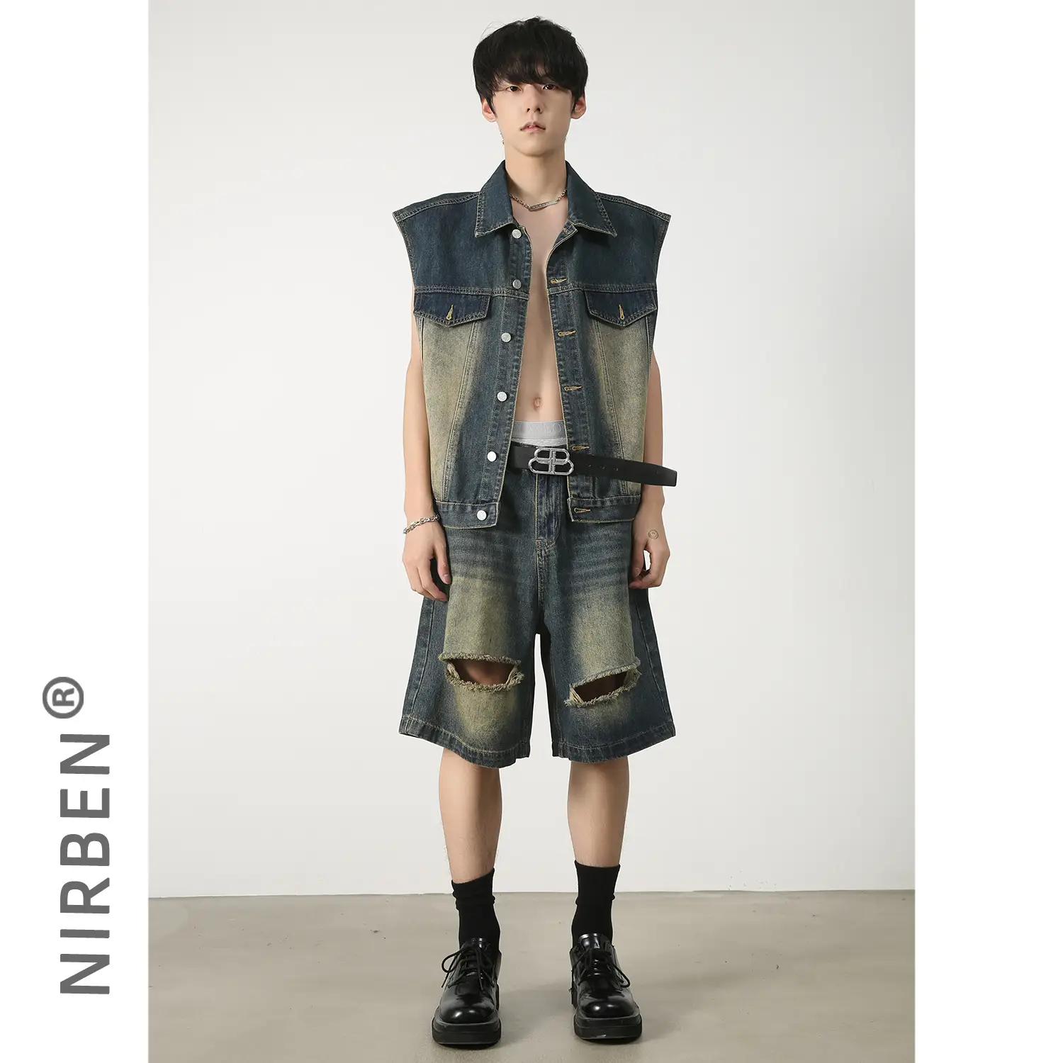Men Sleeveless Denim Vest Shorts Set Nirben - Image 3
