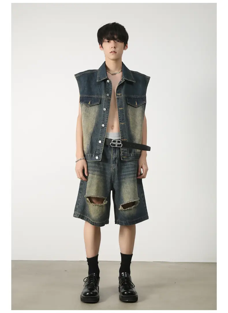 Men Sleeveless Denim Vest Shorts Set Nirben — feature 5