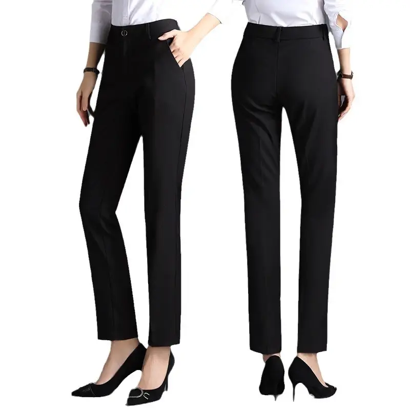 Women Black Straight Barrel Dress Pants Slimming Workwear