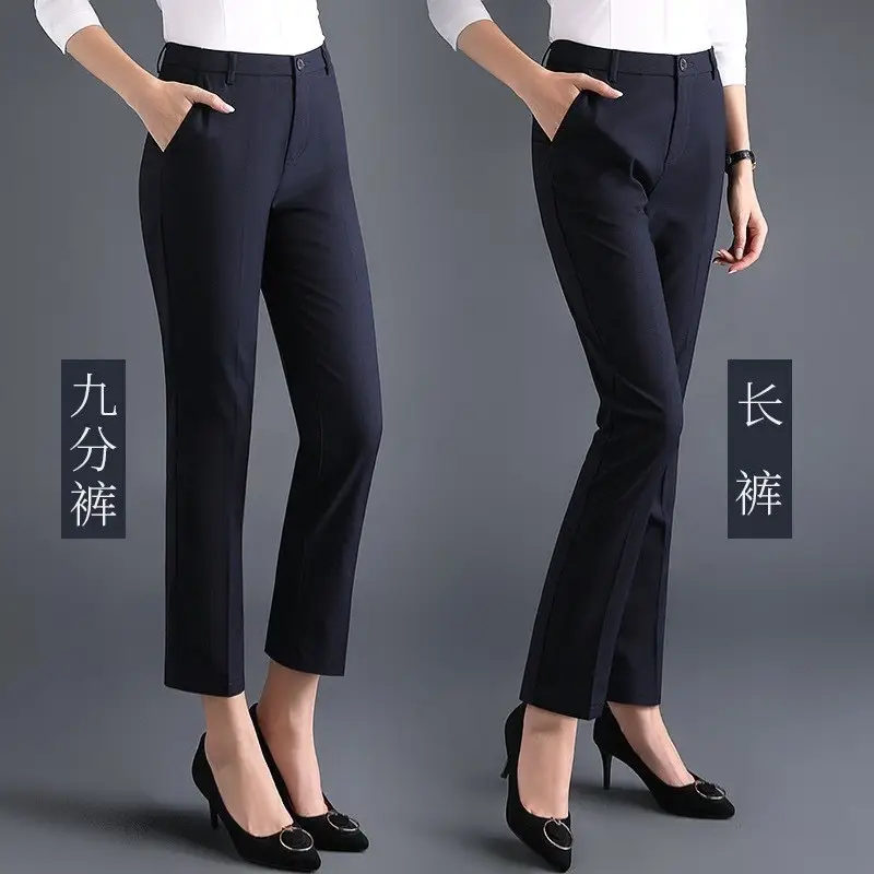 Women Black Straight Barrel Dress Pants Slimming Workwear — feature 36