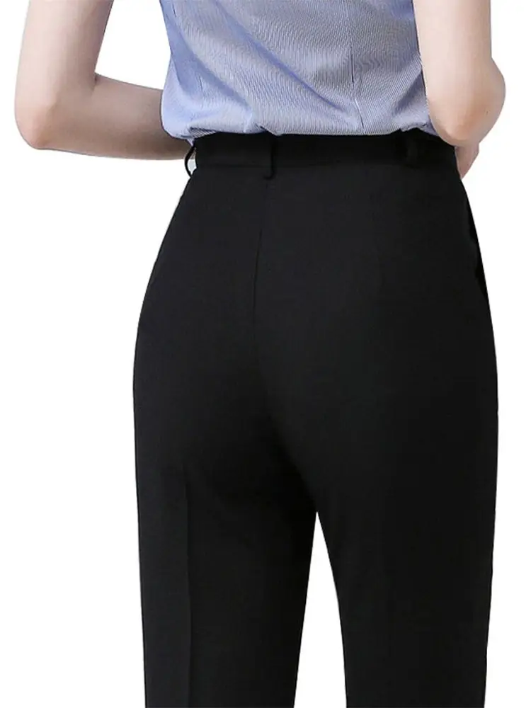 Women Black Straight Barrel Dress Pants Slimming Workwear — feature 8