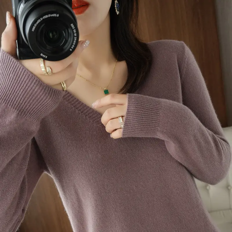 Korean Style V-Neck Cashmere Sweater Green - Image 10