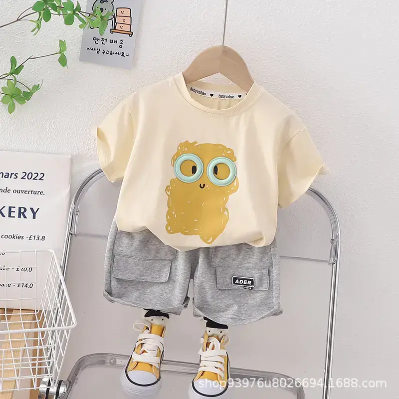 Children Cotton Owl Shorts Suit Blue Grey Summer Boys - Image 2