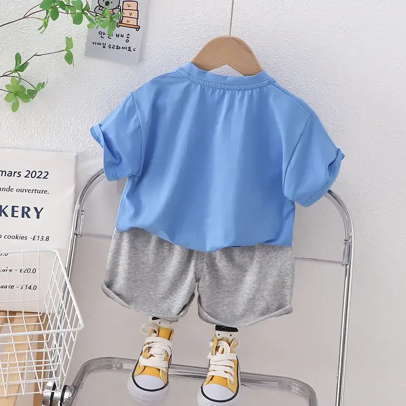 Children Cotton Owl Shorts Suit Blue Grey Summer Boys - Image 4
