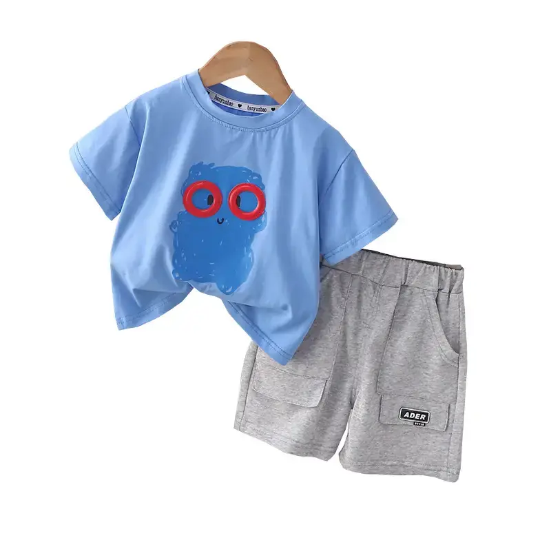 Children Cotton Owl Shorts Suit Blue Grey Summer Boys - Image 5