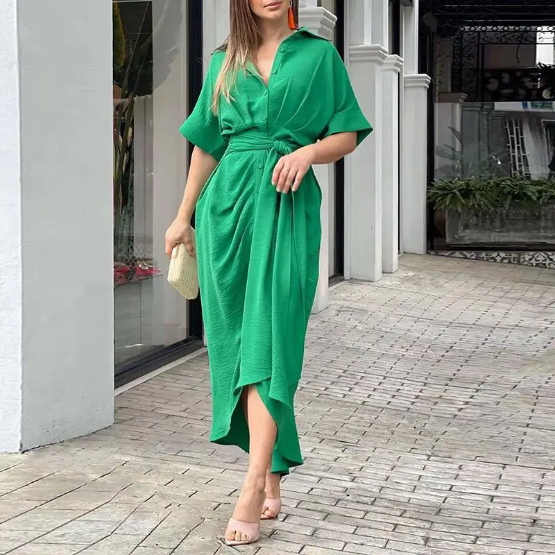 Green V-Neck Wrap Dress for Women