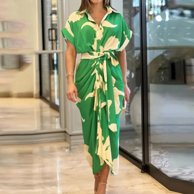 Green V-Neck Wrap Dress for Women