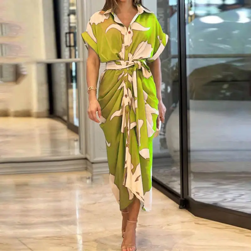 Green V-Neck Wrap Dress for Women