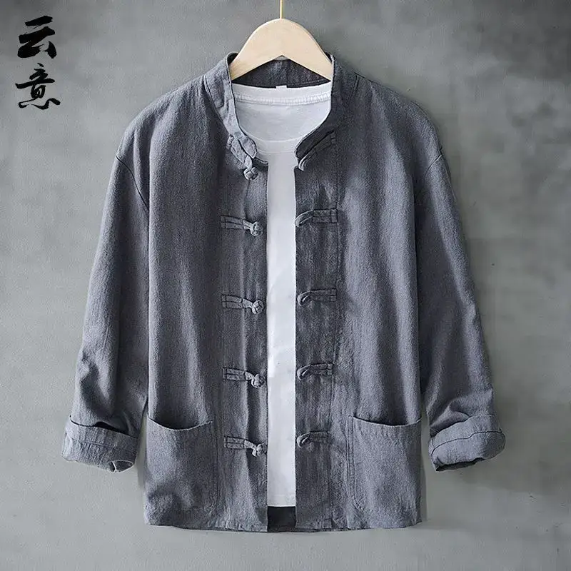 Men's Chinese Style Ramie Tang Suit Cream Loose Cotton Linen Jacket - Image 8