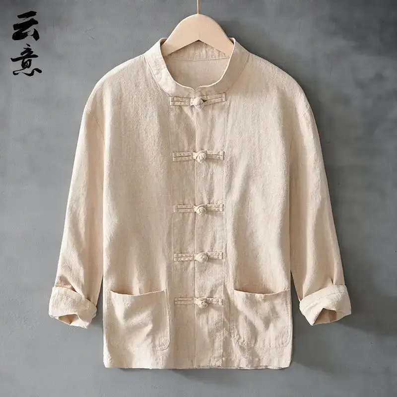 Men's Chinese Style Ramie Tang Suit Cream Loose Cotton Linen Jacket - Image 9