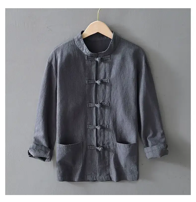 Men's Chinese Style Ramie Tang Suit Cream Loose Cotton Linen Jacket — feature 13