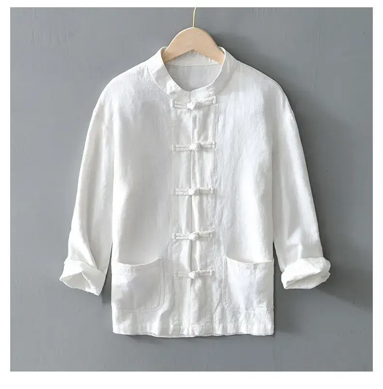 Men's Chinese Style Ramie Tang Suit Cream Loose Cotton Linen Jacket — feature 14