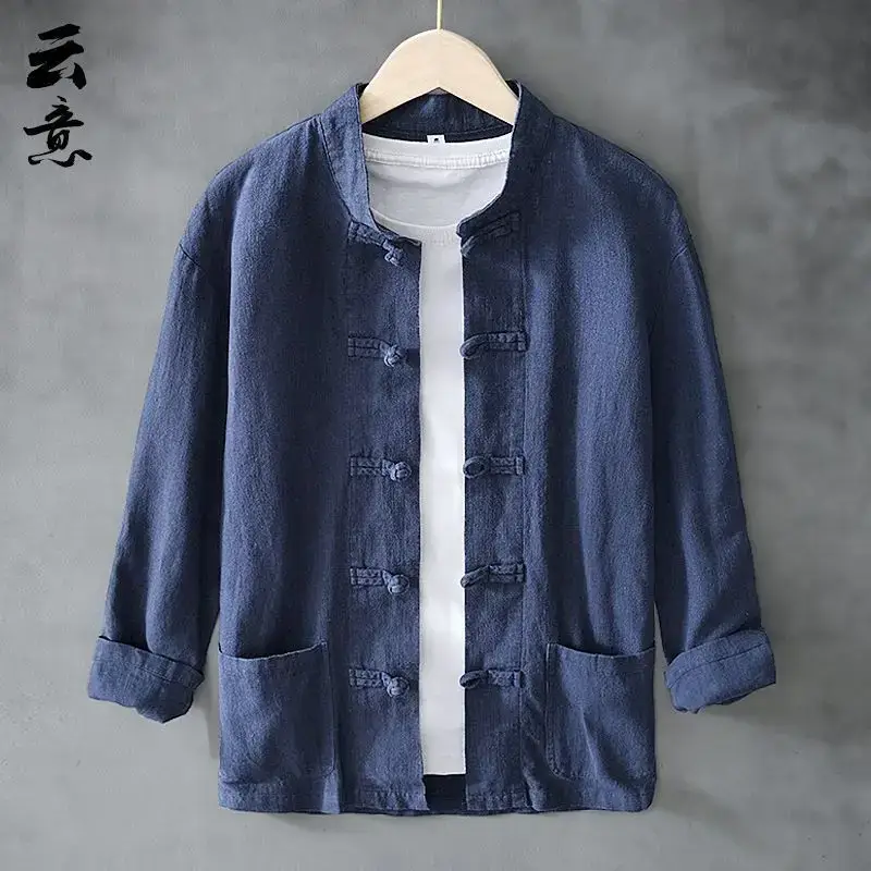 Men's Chinese Style Ramie Tang Suit Cream Loose Cotton Linen Jacket - Image 2