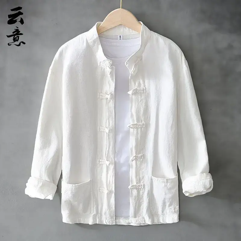 Men's Chinese Style Ramie Tang Suit Cream Loose Cotton Linen Jacket - Image 3