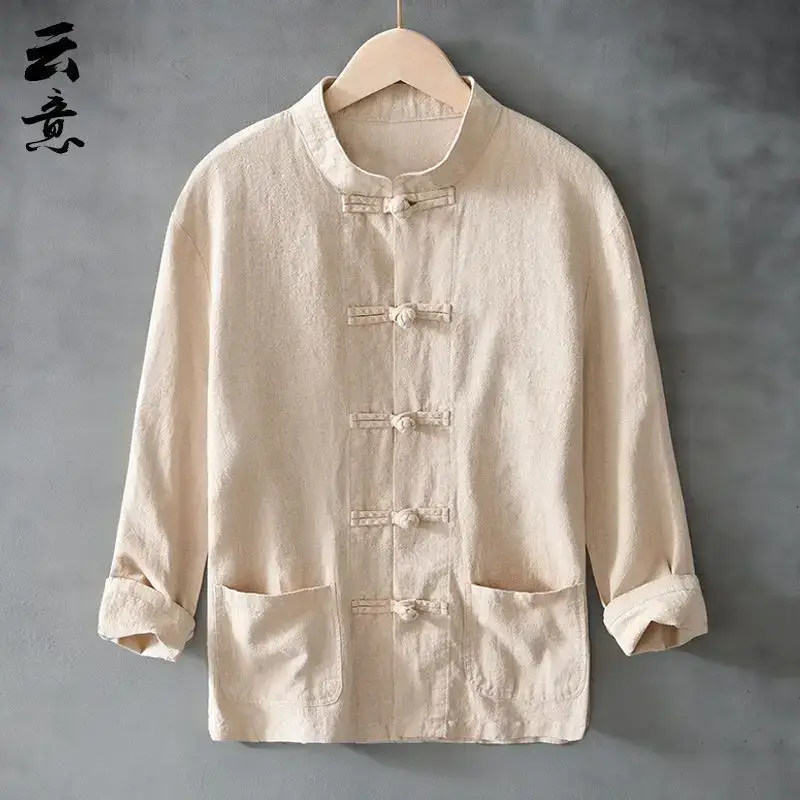 Men's Chinese Style Ramie Tang Suit Cream Loose Cotton Linen Jacket - Image 5