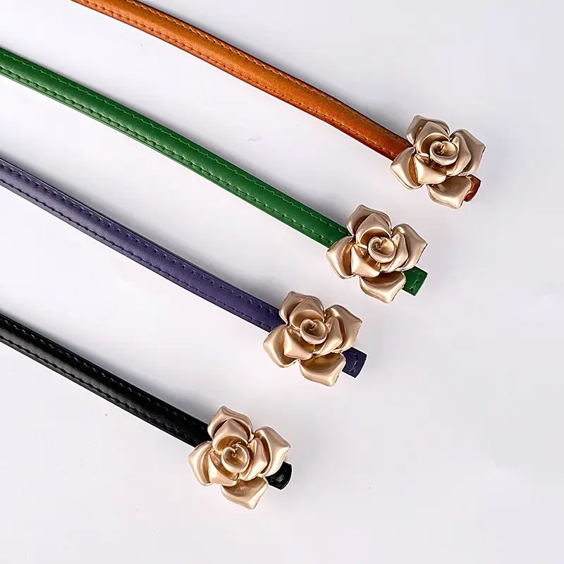 Women's Thin Leather Belt with Gold Flower Decor - Image 21