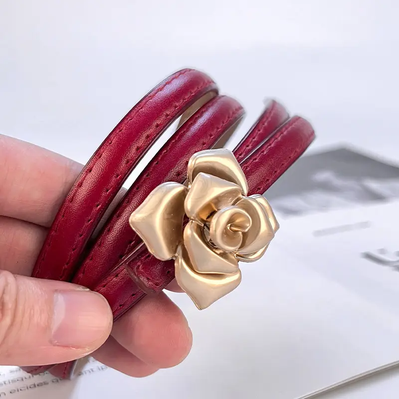 Women's Thin Leather Belt with Gold Flower Decor - Image 22