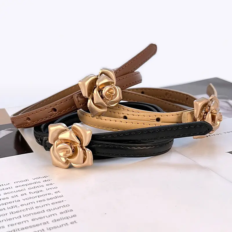 Women's Thin Leather Belt with Gold Flower Decor - Image 23