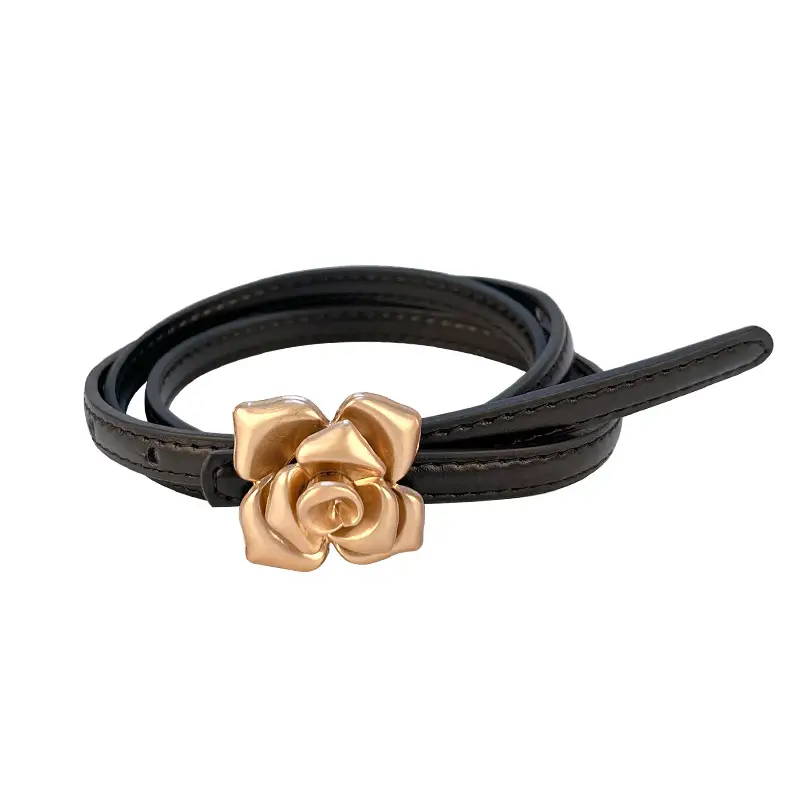 Women's Thin Leather Belt with Gold Flower Decor - Image 24