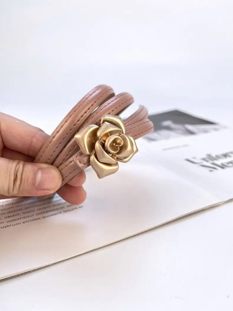 Women's Thin Leather Belt with Gold Flower Decor β feature 10