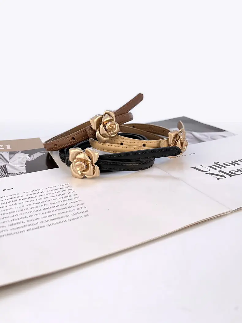 Women's Thin Leather Belt with Gold Flower Decor β feature 12
