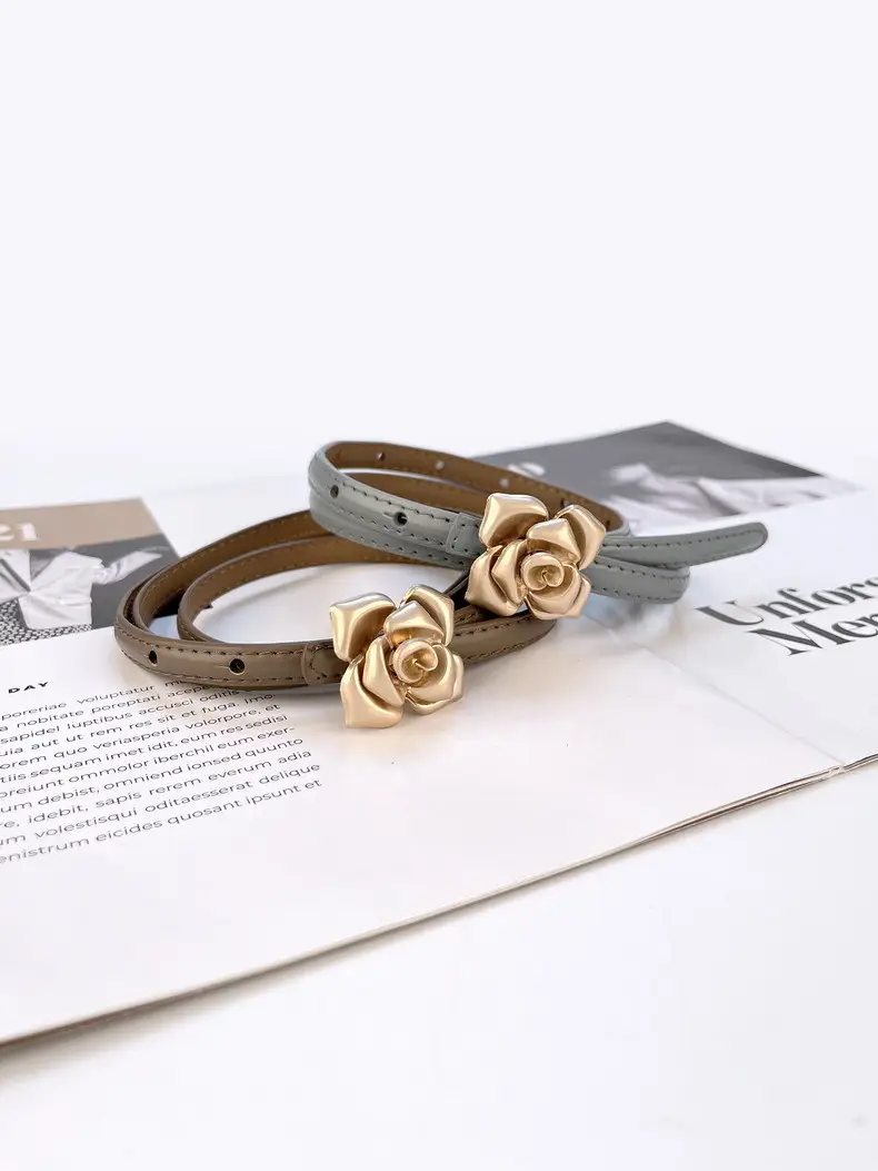 Women's Thin Leather Belt with Gold Flower Decor β feature 13