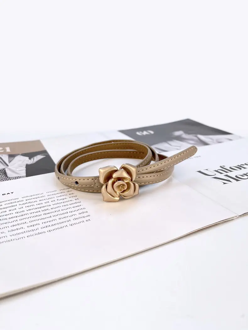 Women's Thin Leather Belt with Gold Flower Decor β feature 14