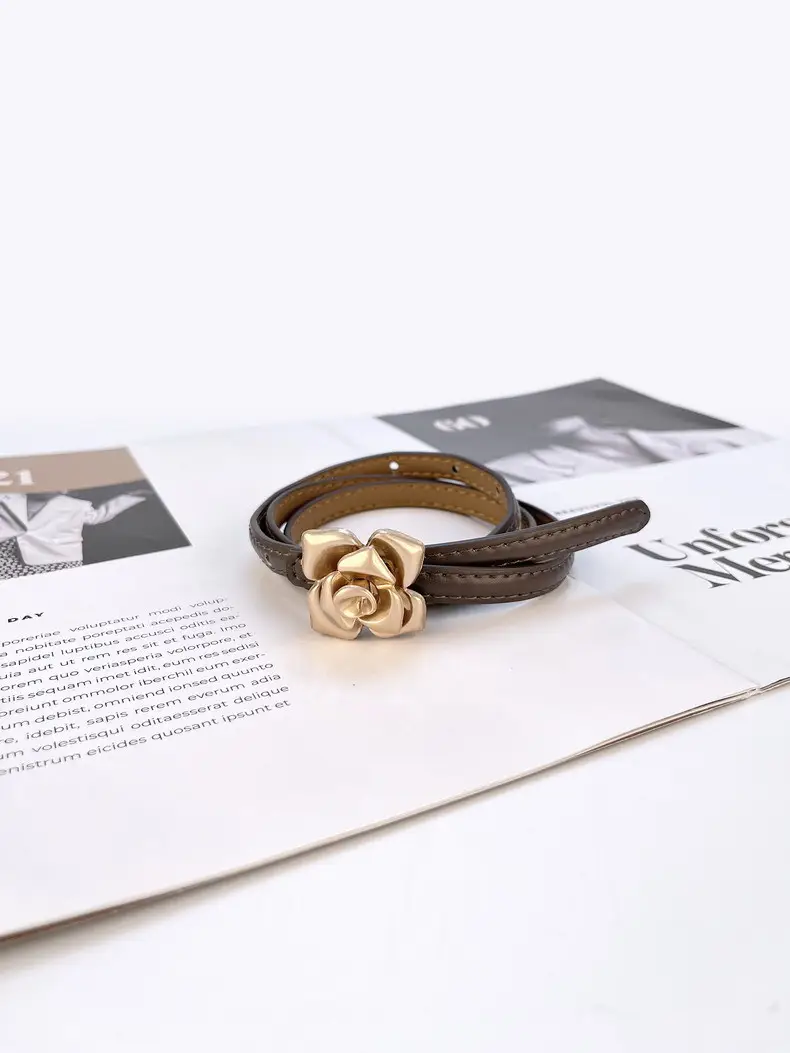 Women's Thin Leather Belt with Gold Flower Decor β feature 15