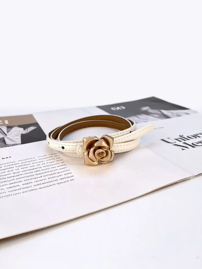Women's Thin Leather Belt with Gold Flower Decor β feature 16
