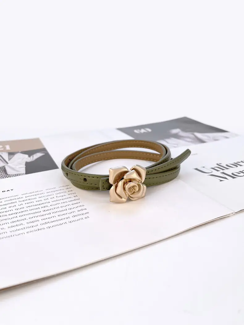 Women's Thin Leather Belt with Gold Flower Decor β feature 17