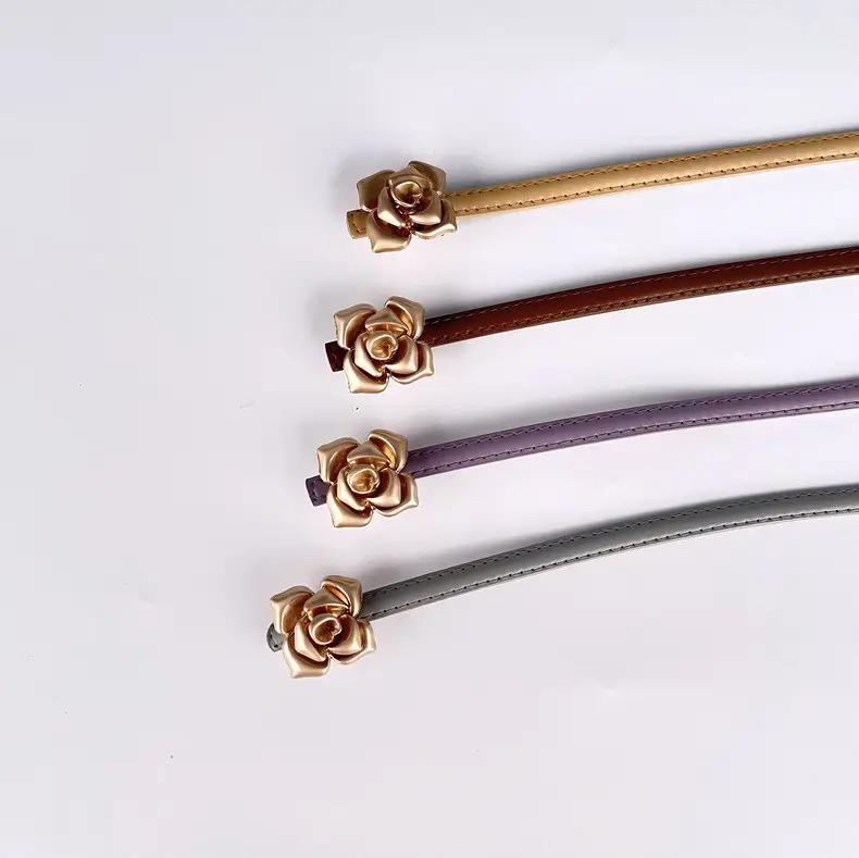 Women's Thin Leather Belt with Gold Flower Decor β feature 4