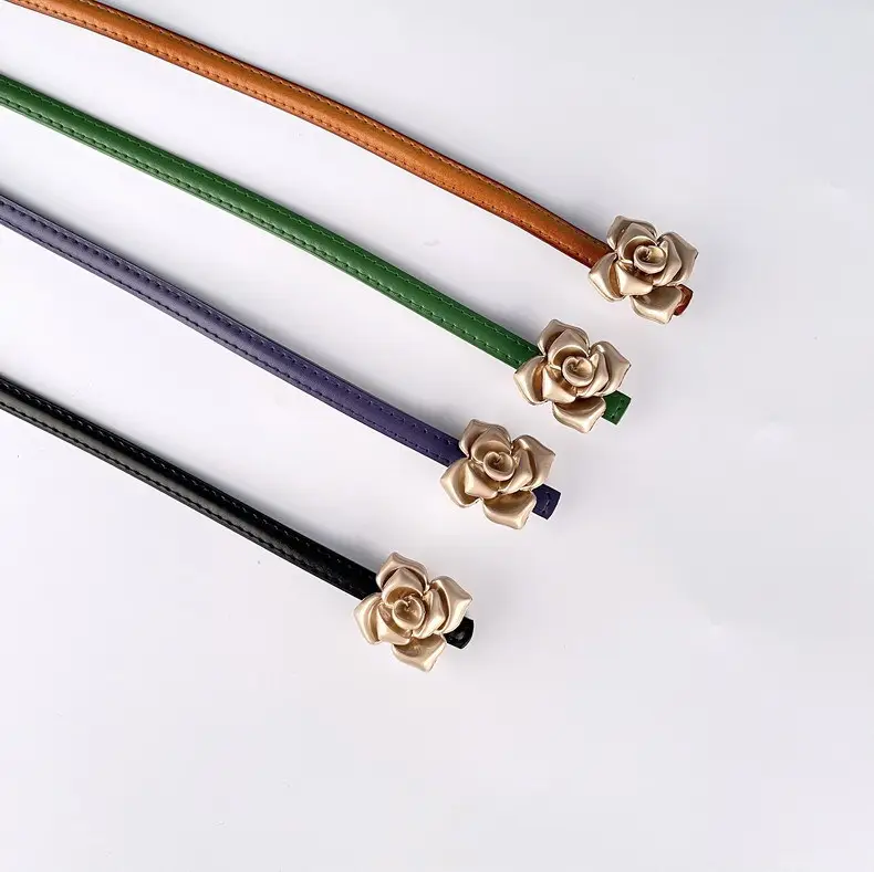 Women's Thin Leather Belt with Gold Flower Decor β feature 5