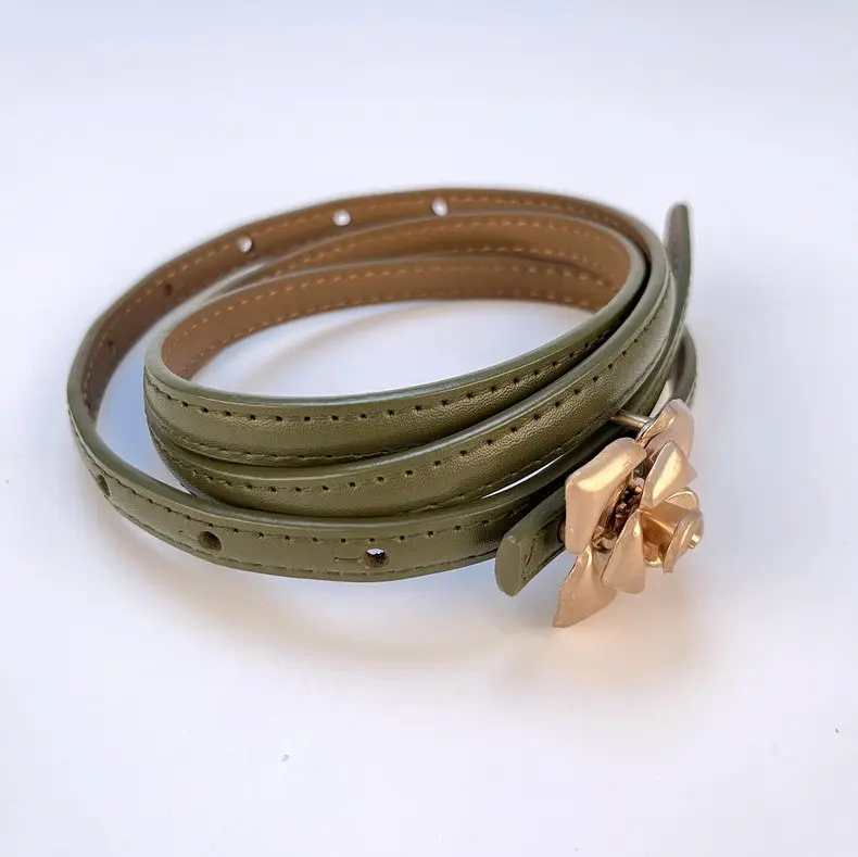 Women's Thin Leather Belt with Gold Flower Decor β feature 7