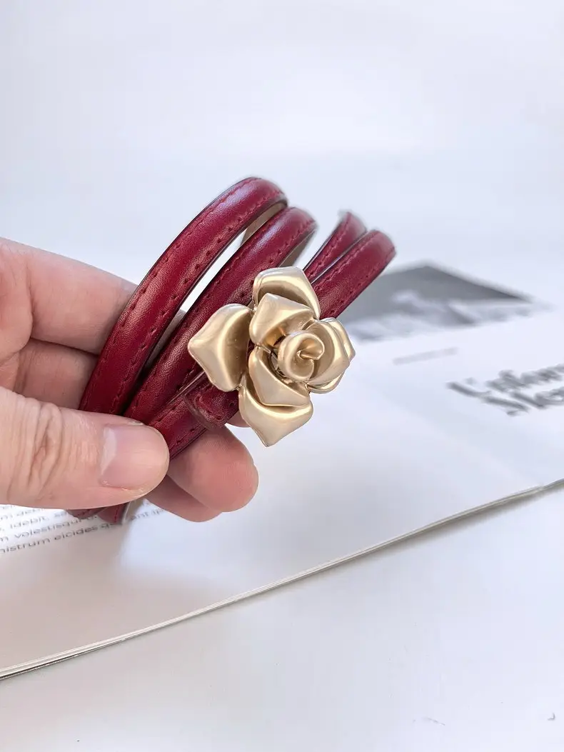 Women's Thin Leather Belt with Gold Flower Decor β feature 9