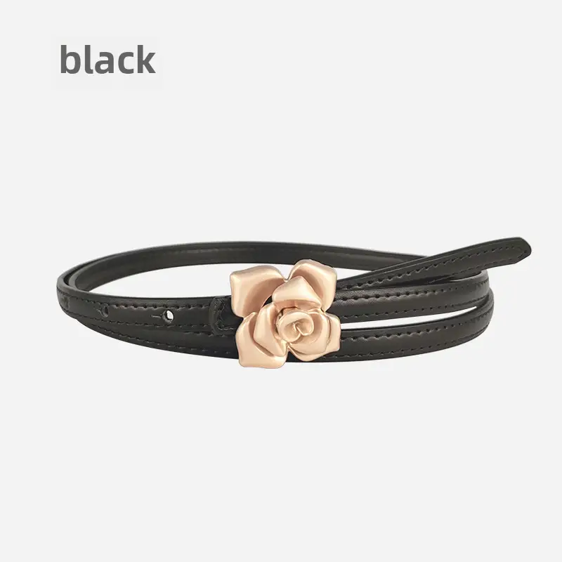 Women's Thin Leather Belt with Gold Flower Decor