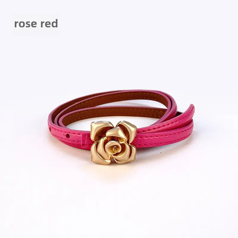 Women's Thin Leather Belt with Gold Flower Decor - Image 10