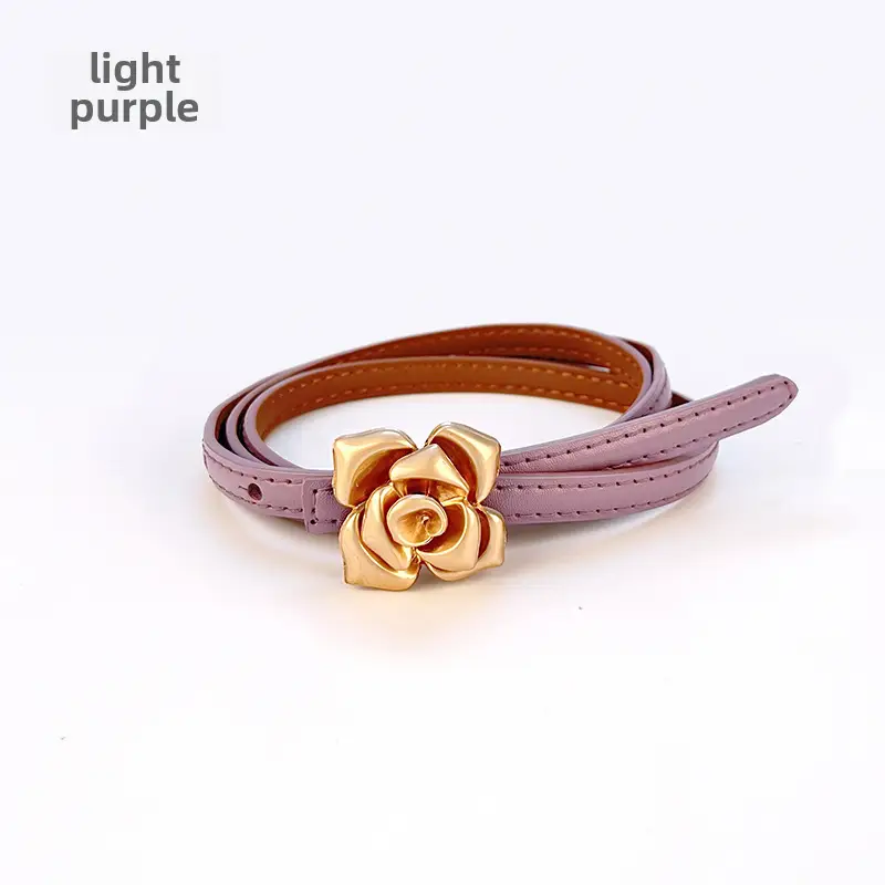 Women's Thin Leather Belt with Gold Flower Decor - Image 11