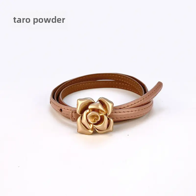 Women's Thin Leather Belt with Gold Flower Decor - Image 12
