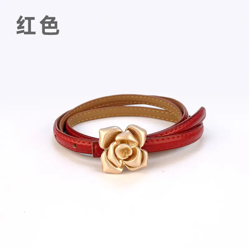 Women's Thin Leather Belt with Gold Flower Decor - Image 13
