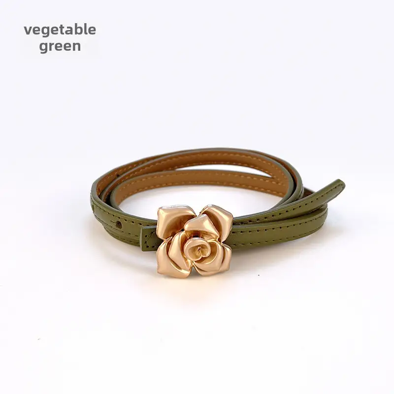 Women's Thin Leather Belt with Gold Flower Decor - Image 14