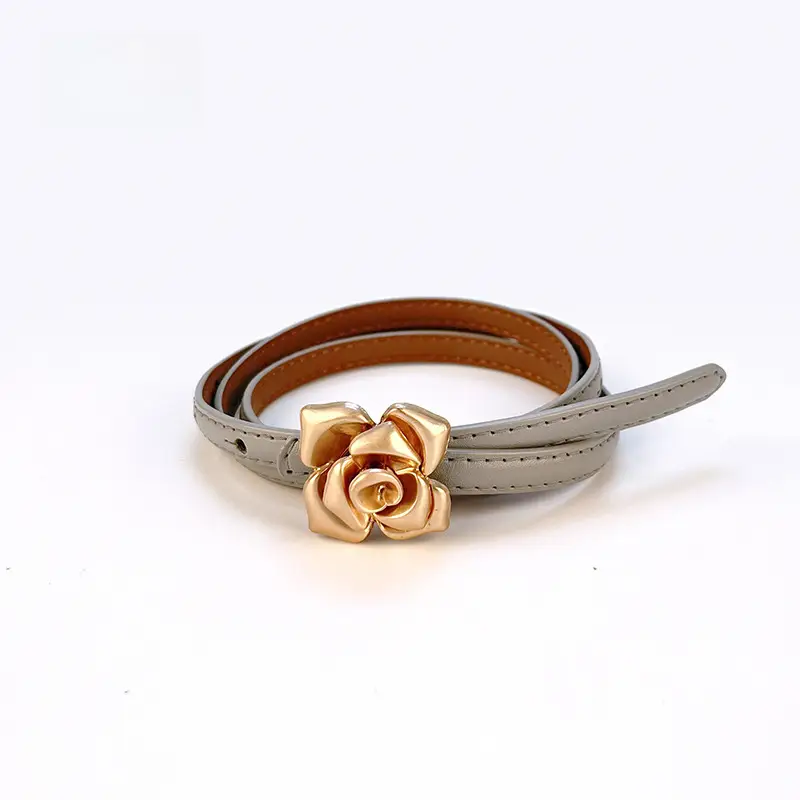 Women's Thin Leather Belt with Gold Flower Decor - Image 15