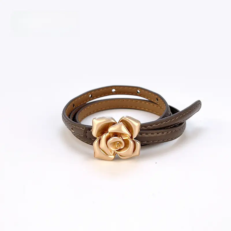 Women's Thin Leather Belt with Gold Flower Decor - Image 16