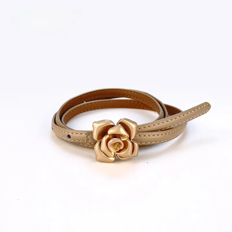Women's Thin Leather Belt with Gold Flower Decor - Image 17