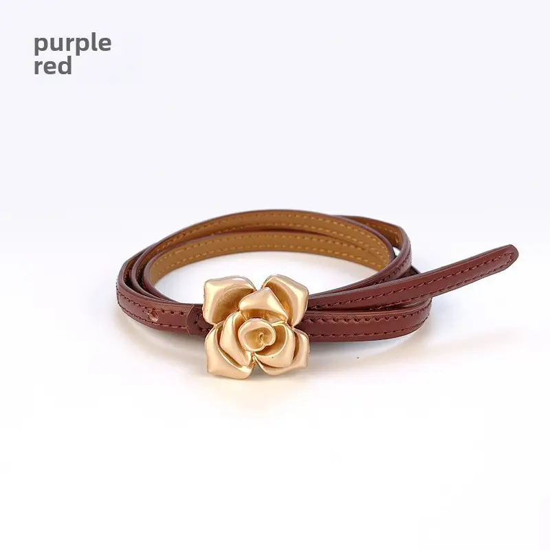 Women's Thin Leather Belt with Gold Flower Decor - Image 18