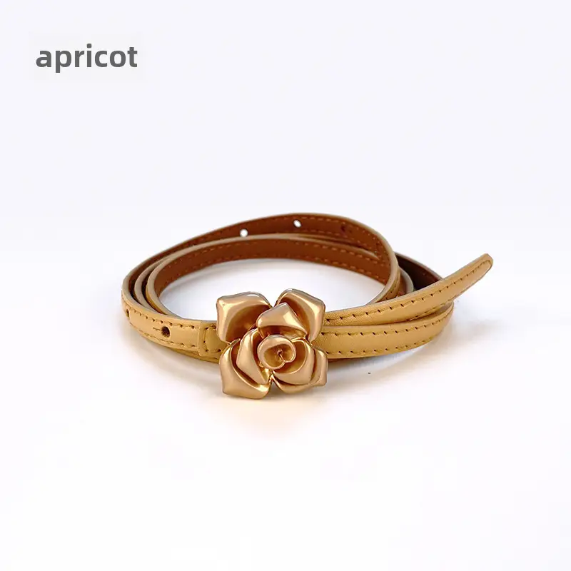 Women's Thin Leather Belt with Gold Flower Decor - Image 19