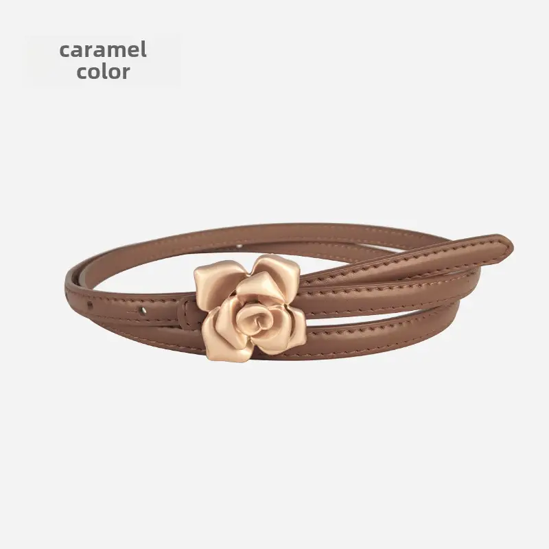 Women's Thin Leather Belt with Gold Flower Decor - Image 2